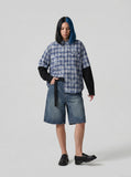 DAXUEN Layered plaid oversized long-sleeve shirt — model photo