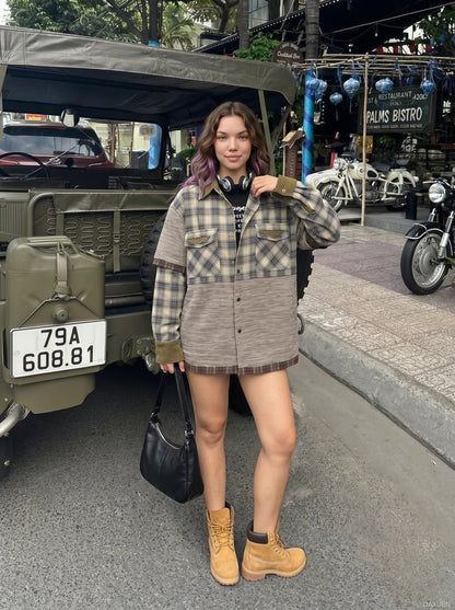 DAXUEN Layered Plaid Short-Sleeved Shirt | DAXUEN — model photo