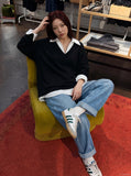 DAXUEN Layered oversized V-neck top with contrasting collar — model photo