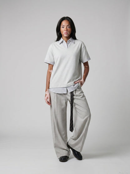 DAXUEN Layered V-neck short sleeve top with striped inner shirt — model photo