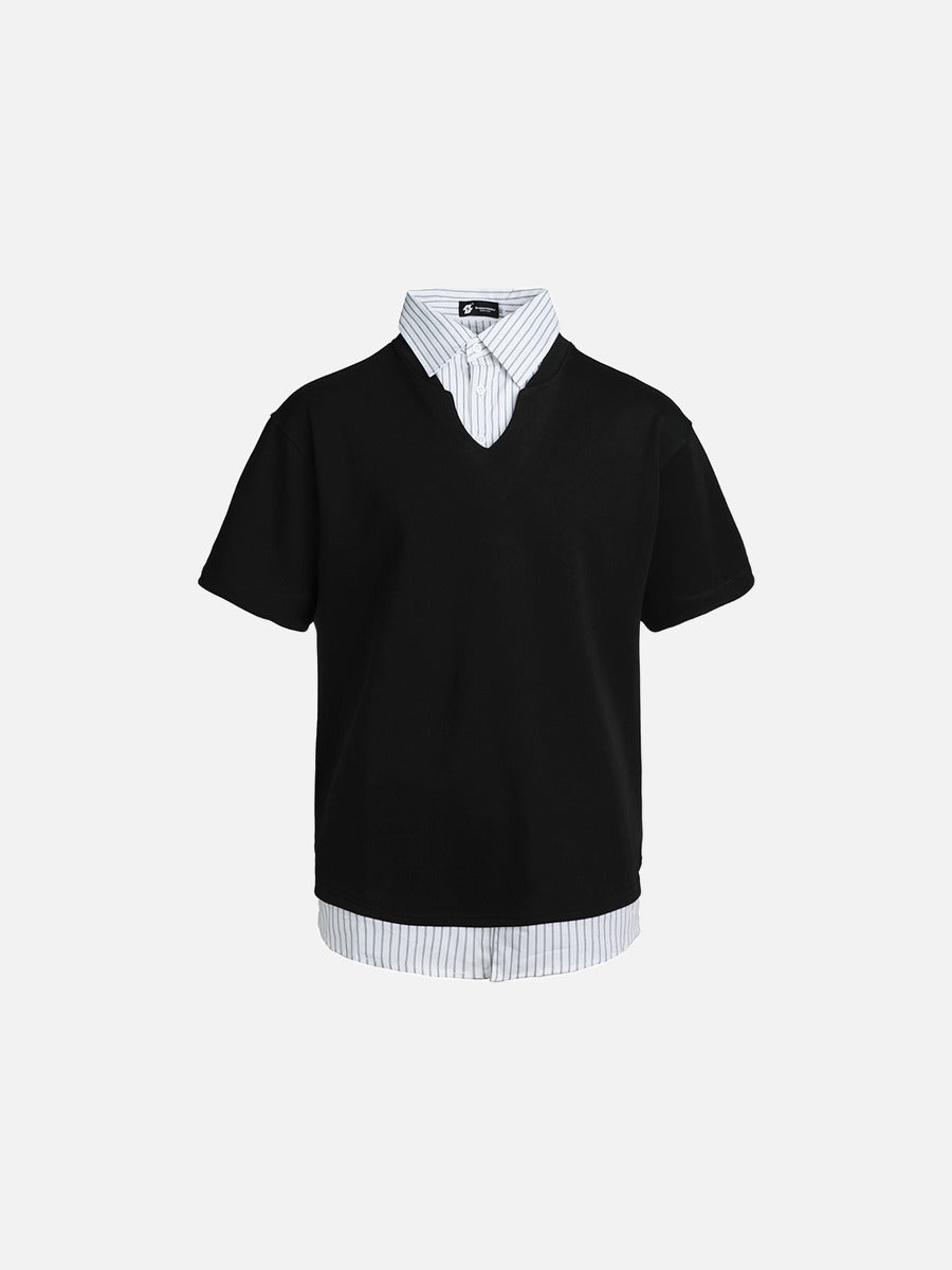 DAXUEN Layered V-neck short sleeve top with striped inner shirt