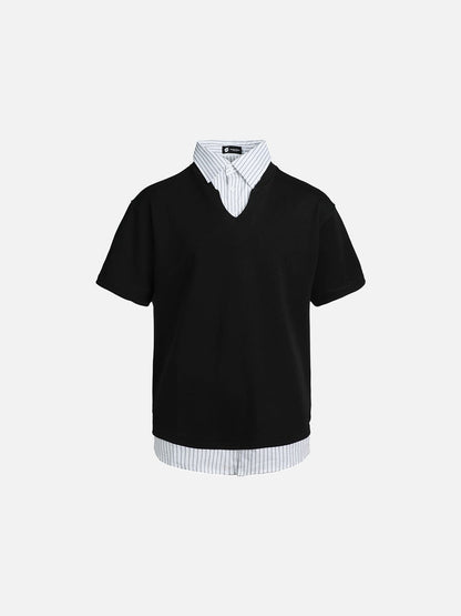 DAXUEN Layered V-neck short sleeve top with striped inner shirt