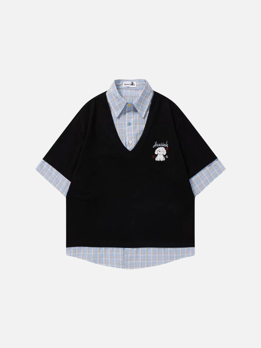 DAXUEN Layered waffle knit and plaid top