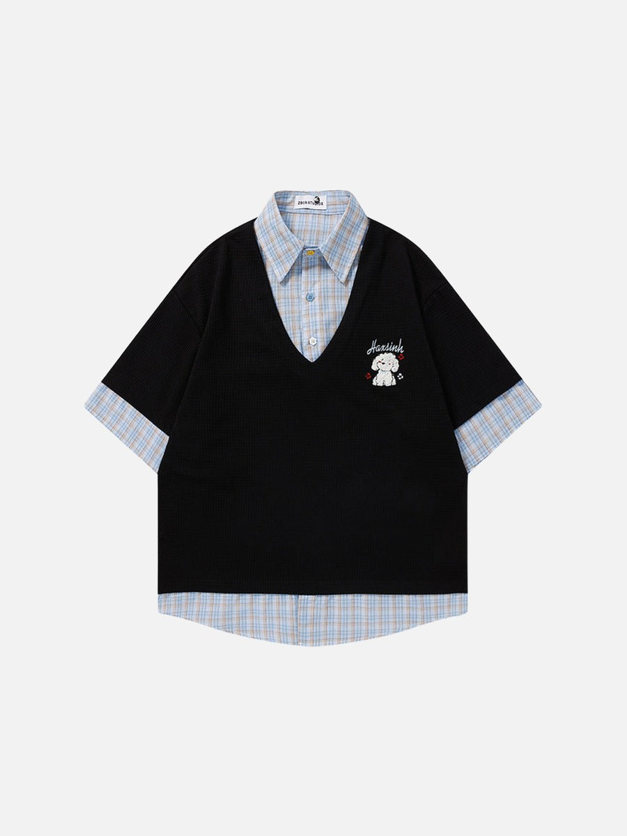 DAXUEN Layered waffle knit and plaid top
