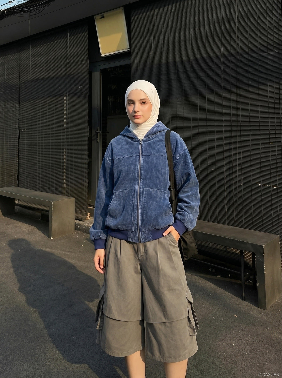 DAXUEN Layered wide-leg cargo shorts in olive-grey — model photo