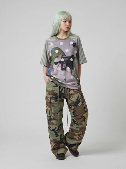 DAXUEN Oversized short-sleeved T-shirt with cat graphic — model photo