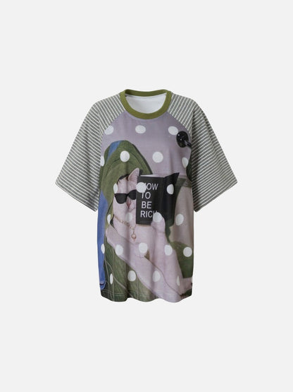 DAXUEN Oversized short-sleeved T-shirt with cat graphic