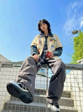 DAXUEN Short-sleeved plaid shirt with bear embroidery — model photo