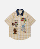 DAXUEN Short-sleeved plaid shirt with bear embroidery