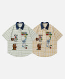 DAXUEN Short-sleeved plaid shirt with bear embroidery