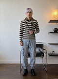 DAXUEN black and horizontal striped long-sleeve polo shirt with leopard print collar — model photo