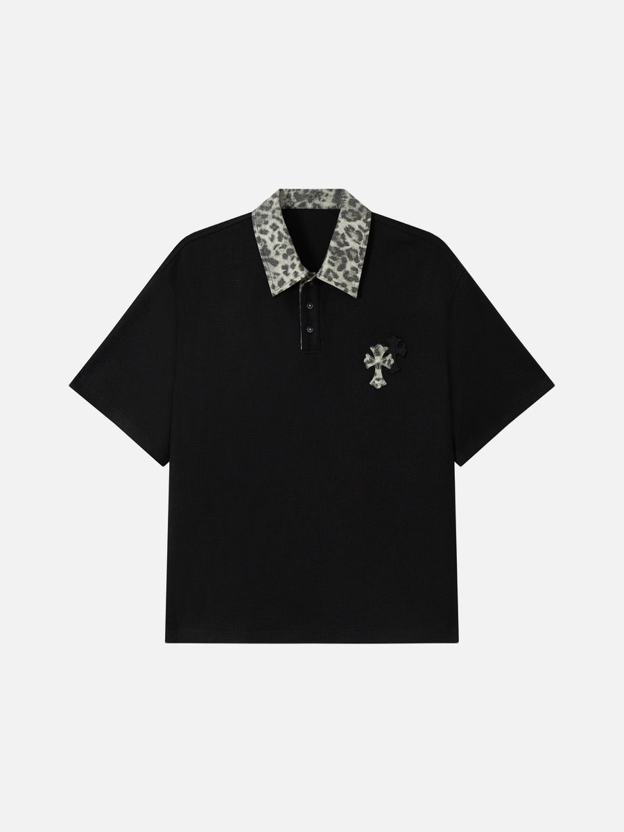 Leopard Print Contrast Collar Polo Shirt