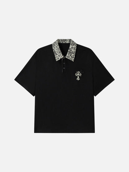 Leopard Print Contrast Collar Polo Shirt