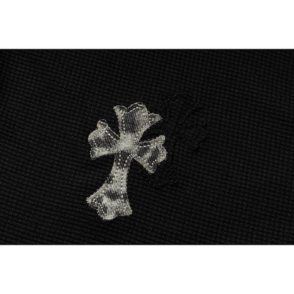 DAXUEN black polo shirt with leopard print collar and cross graphic