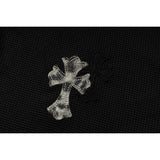 DAXUEN black polo shirt with leopard print collar and cross graphic