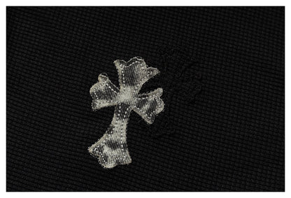 DAXUEN black polo shirt with leopard print collar and cross graphic
