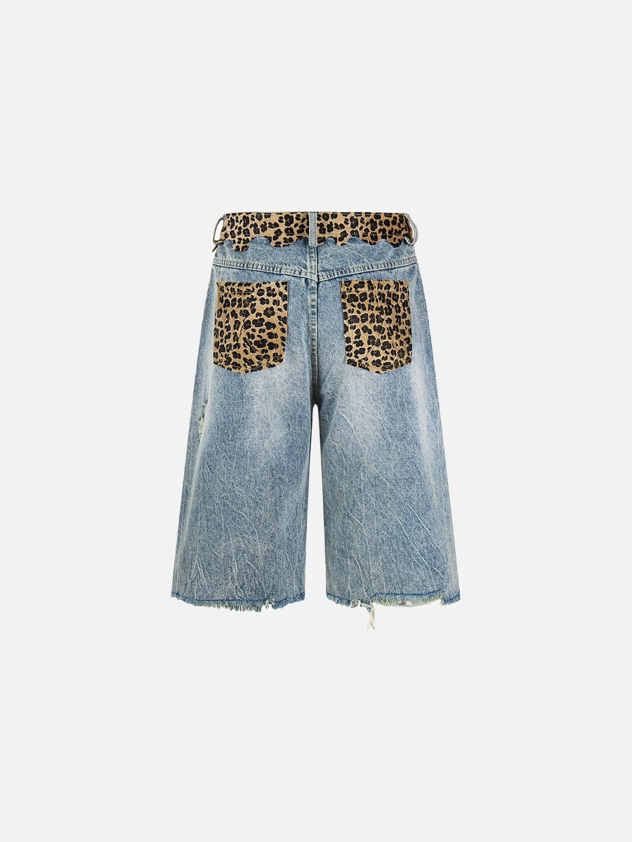 DAXUEN light blue distressed leopard print waistband culottes