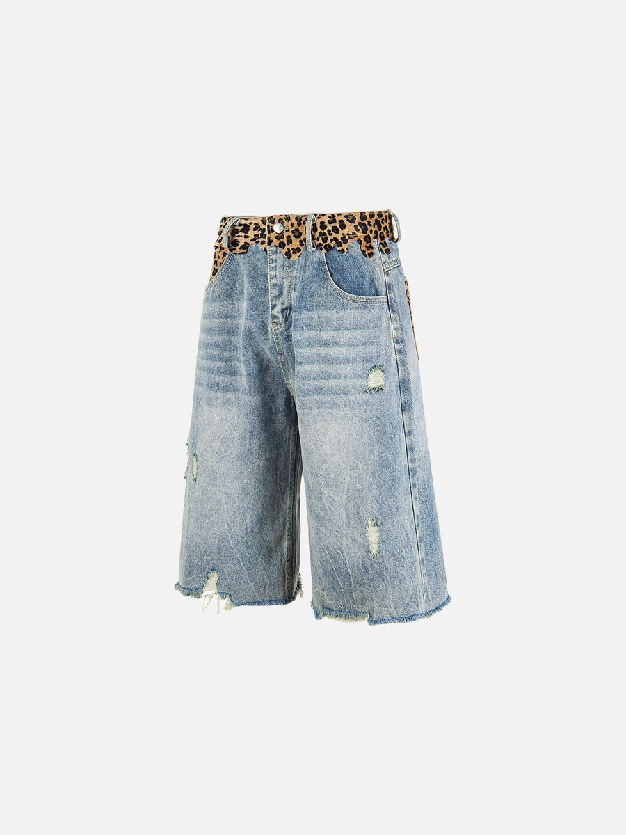 DAXUEN light blue distressed leopard print waistband culottes