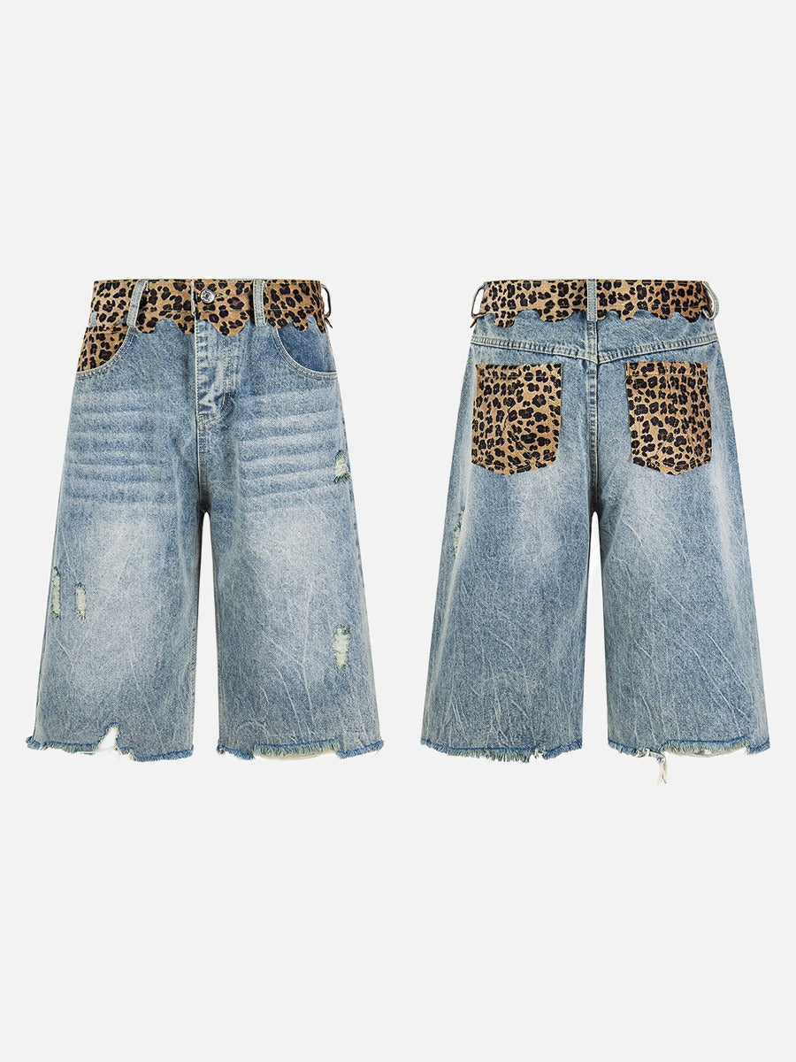 DAXUEN light blue distressed leopard print waistband culottes