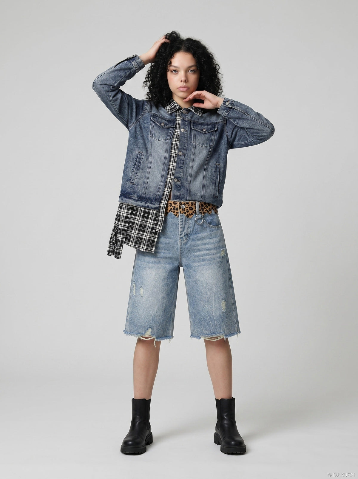 DAXUEN light blue distressed leopard print waistband culottes — model photo