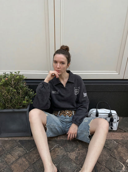 DAXUEN light blue distressed leopard print waistband culottes — model photo