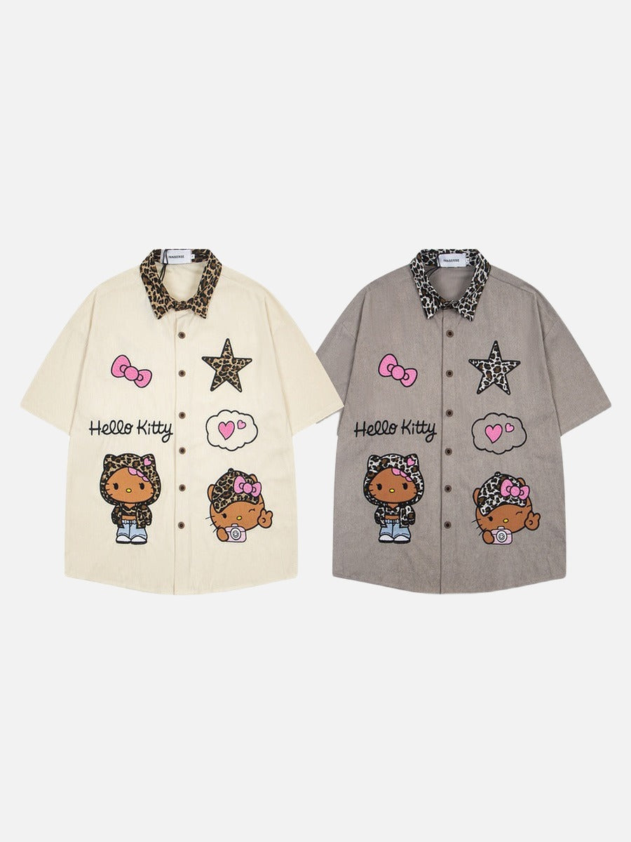 DAXUEN Leopard print embroidered button-up shirt