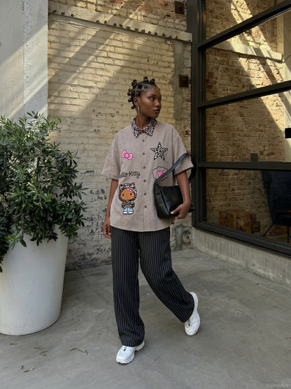 DAXUEN Leopard Print Embroidered Button-up Shirt | DAXUEN — model photo