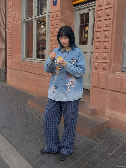 Leopard Print Patchwork Denim Shirt