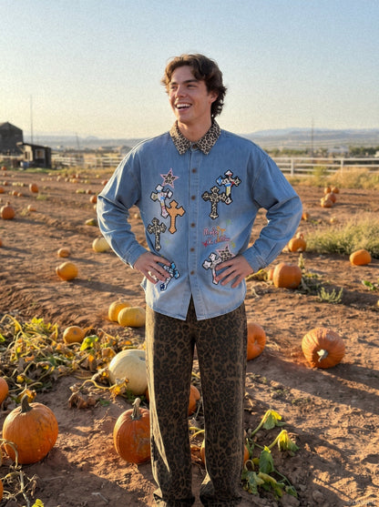 Leopard Print Patchwork Denim Shirt