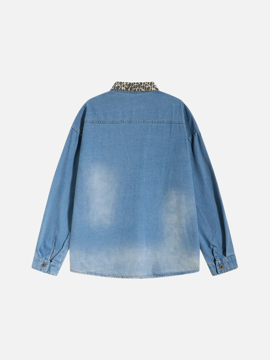 Leopard Print Patchwork Denim Shirt