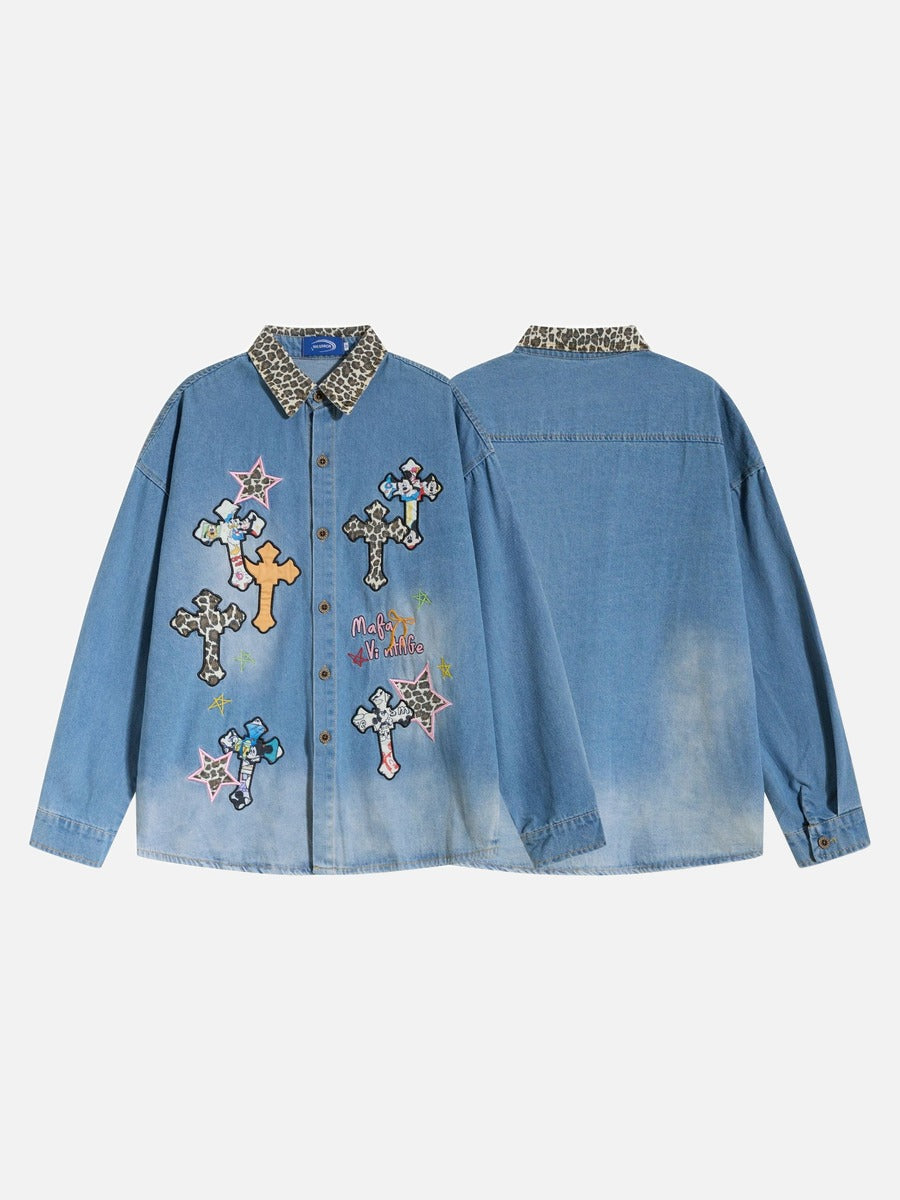 Leopard Print Patchwork Denim Shirt