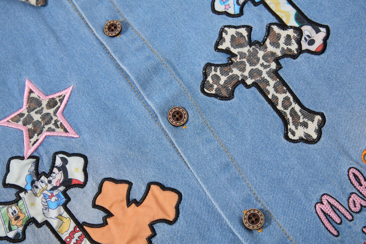 Leopard Print Patchwork Denim Shirt