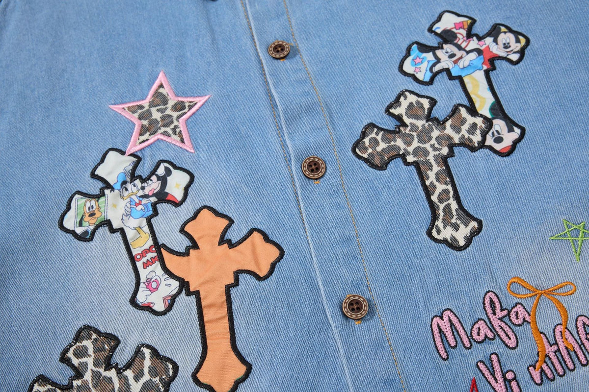 Leopard Print Patchwork Denim Shirt