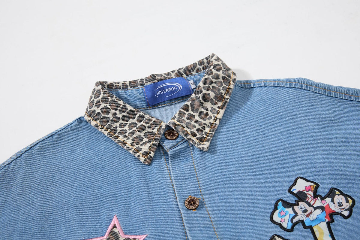 Leopard Print Patchwork Denim Shirt