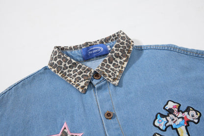 Leopard Print Patchwork Denim Shirt