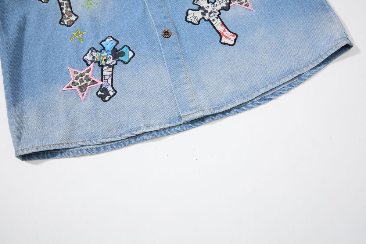 Leopard Print Patchwork Denim Shirt