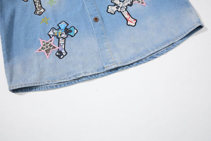 Leopard Print Patchwork Denim Shirt