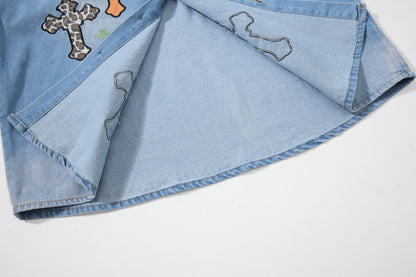 Leopard Print Patchwork Denim Shirt