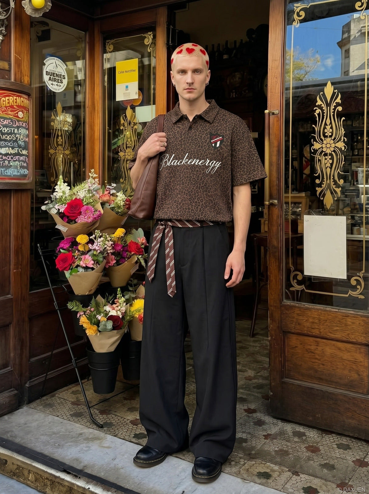 DAXUEN Leopard print short-sleeved polo shirt — model photo