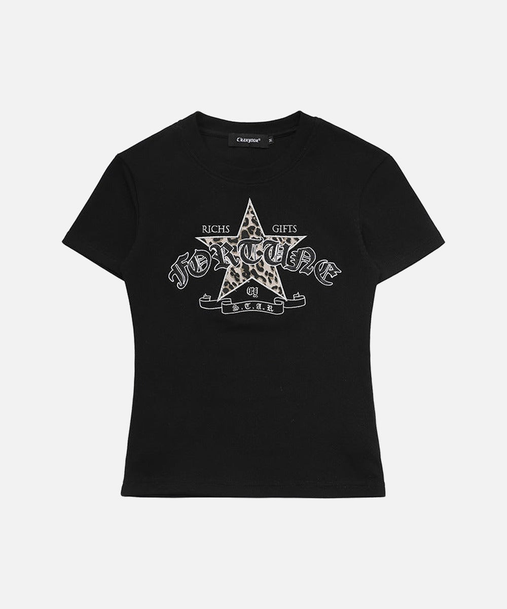DAXUEN Leopard star graphic t-shirt with gothic text