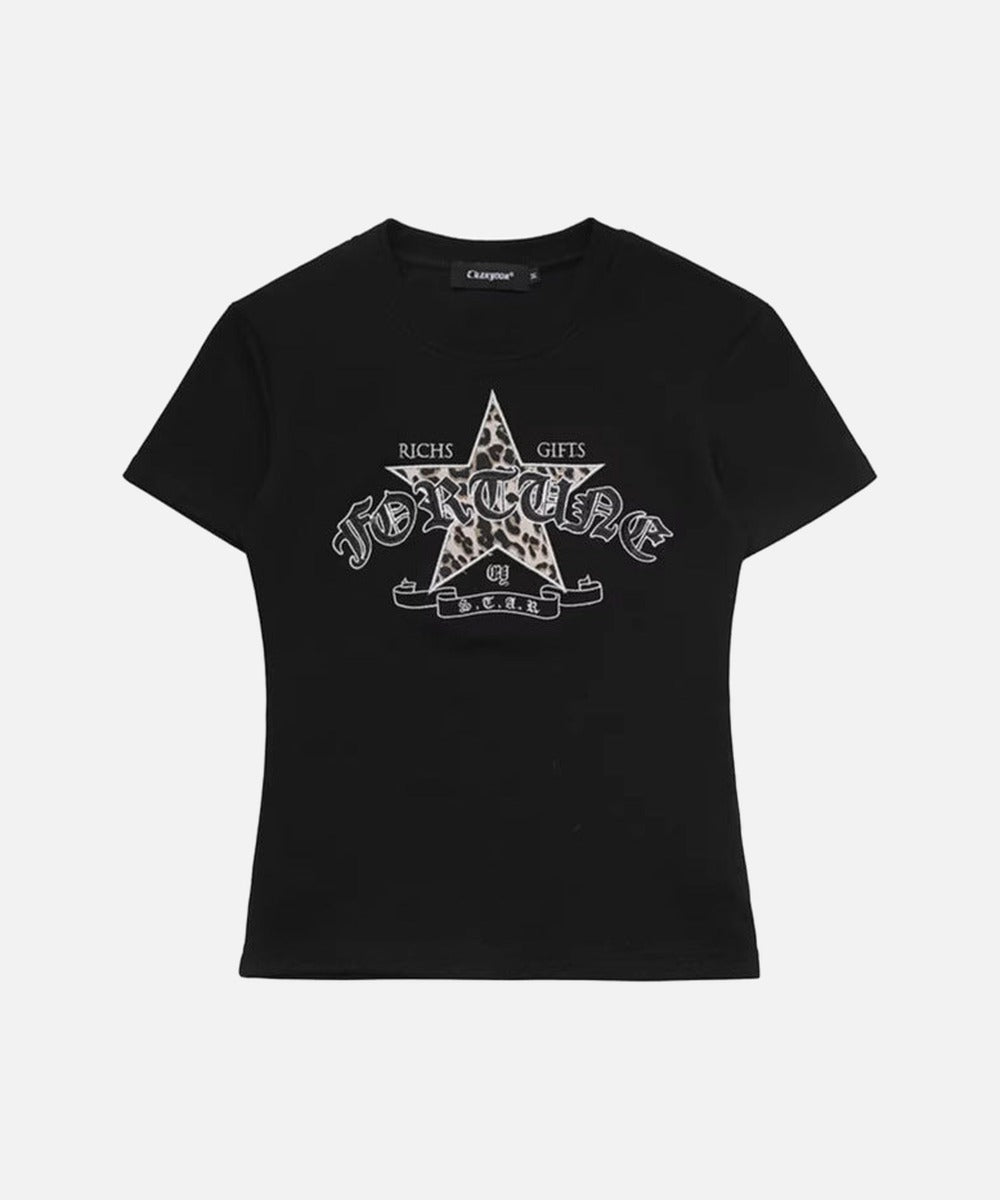 DAXUEN Leopard star graphic t-shirt with gothic text