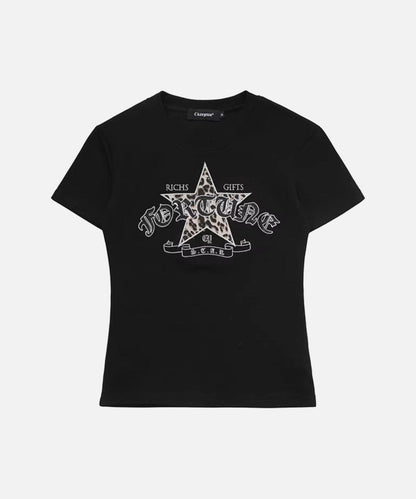 DAXUEN Leopard star graphic t-shirt with gothic text