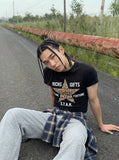 DAXUEN Leopard print star graphic short-sleeved t-shirt — model photo