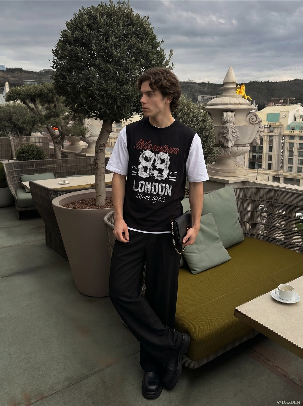 DAXUEN Faux-layered short-sleeved graphic t-shirt — model photo