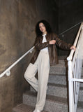 DAXUEN light beige wide-leg linen trousers — model photo