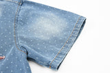 DAXUEN light blue denim shirt with pink collar and embroidered details