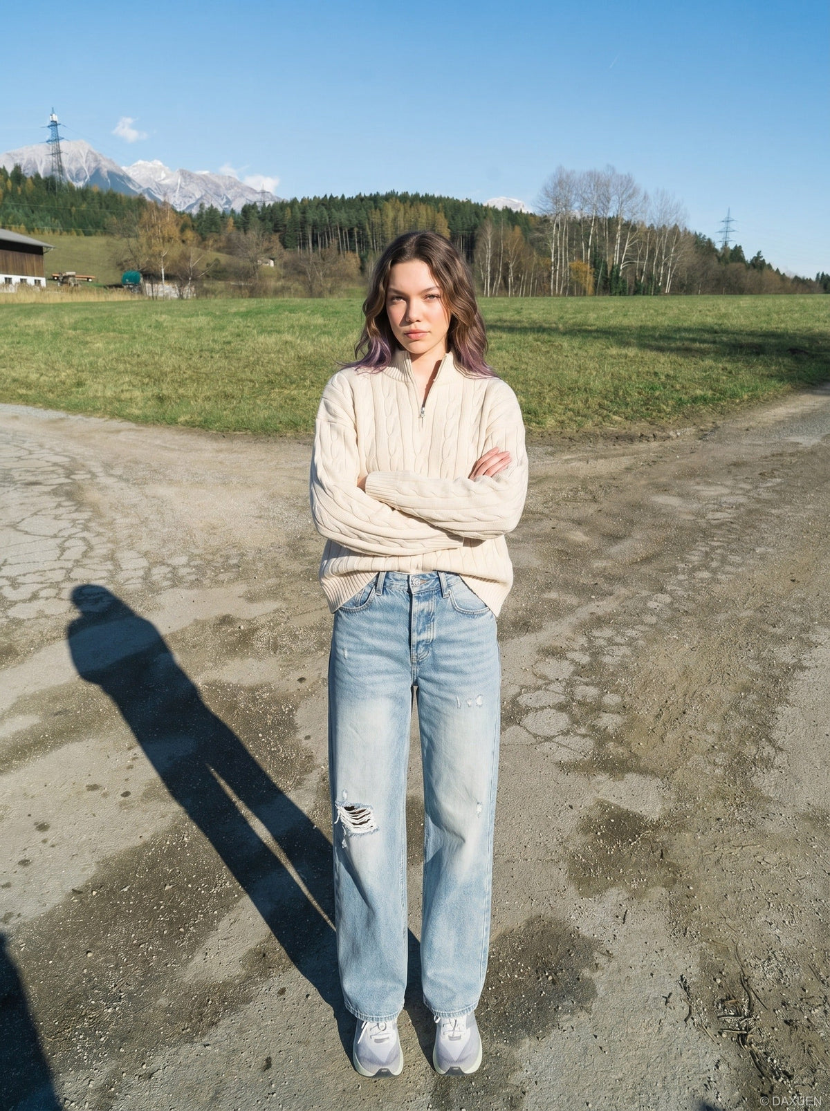 DAXUEN Light blue wide leg distressed denim jeans — model photo