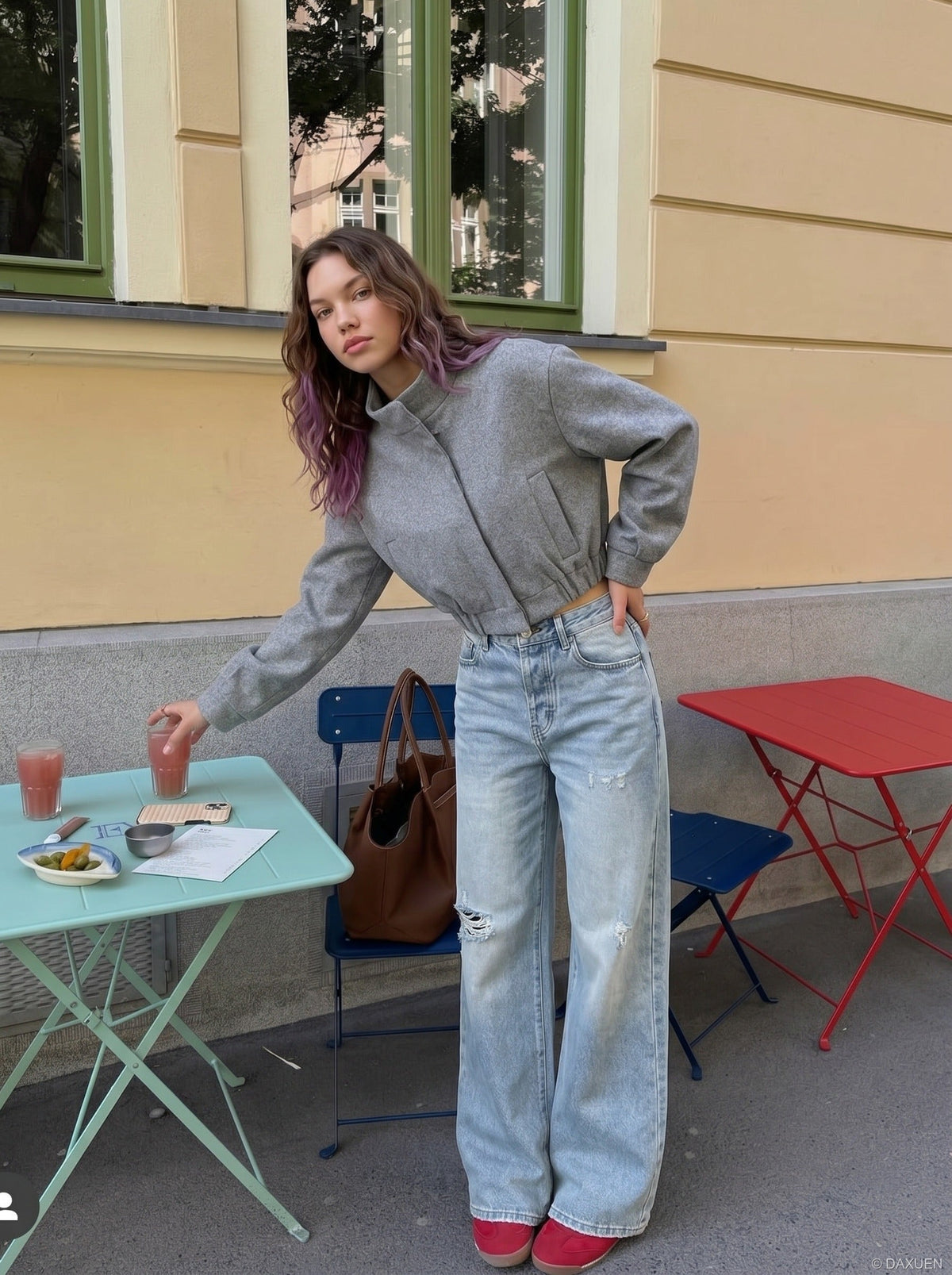 DAXUEN Light blue wide leg distressed denim jeans — model photo