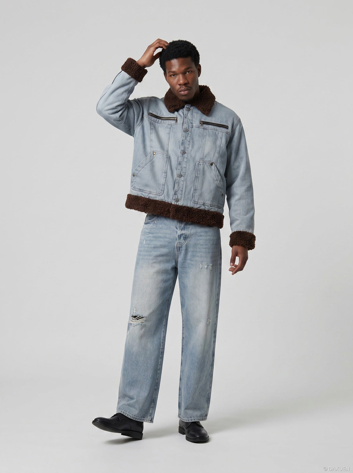 DAXUEN Light blue wide leg distressed denim jeans — model photo