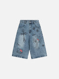 DAXUEN Light blue washed denim wide-leg shorts with graphic prints
